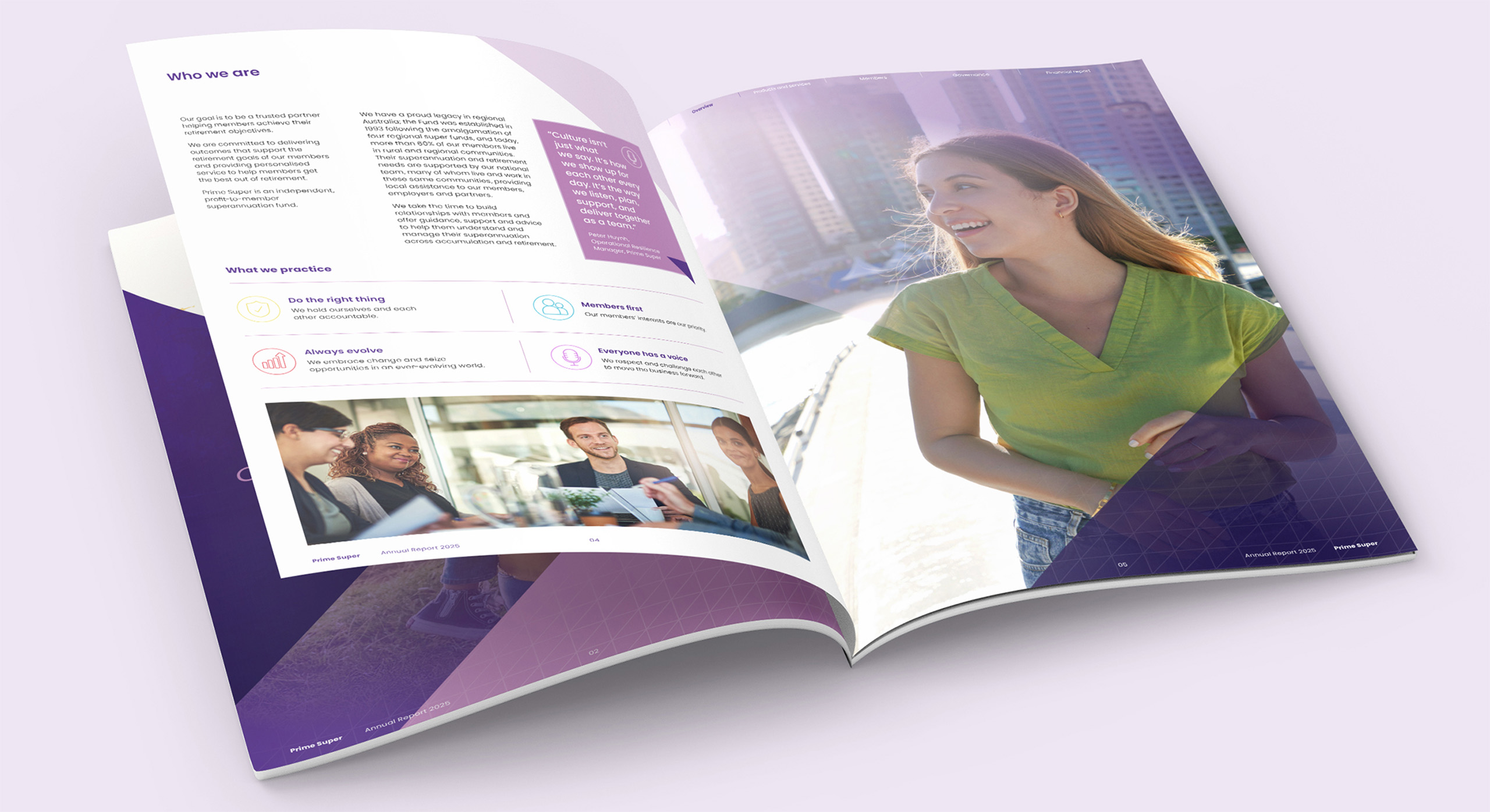 Prime Super annual report 2025 page design by MDM design.